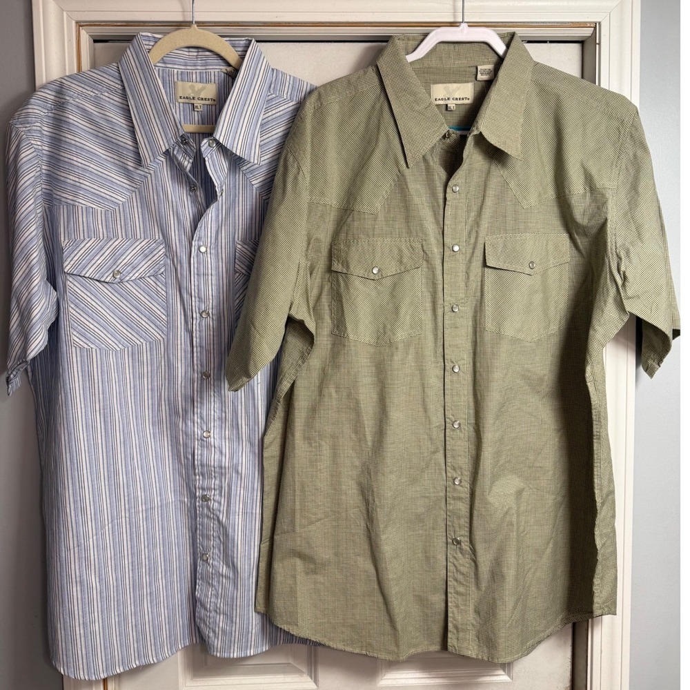 Lot of 2 Eagle Crest Mens XLT Western Pearl Snap Shirts Short Sleeve Blue Green